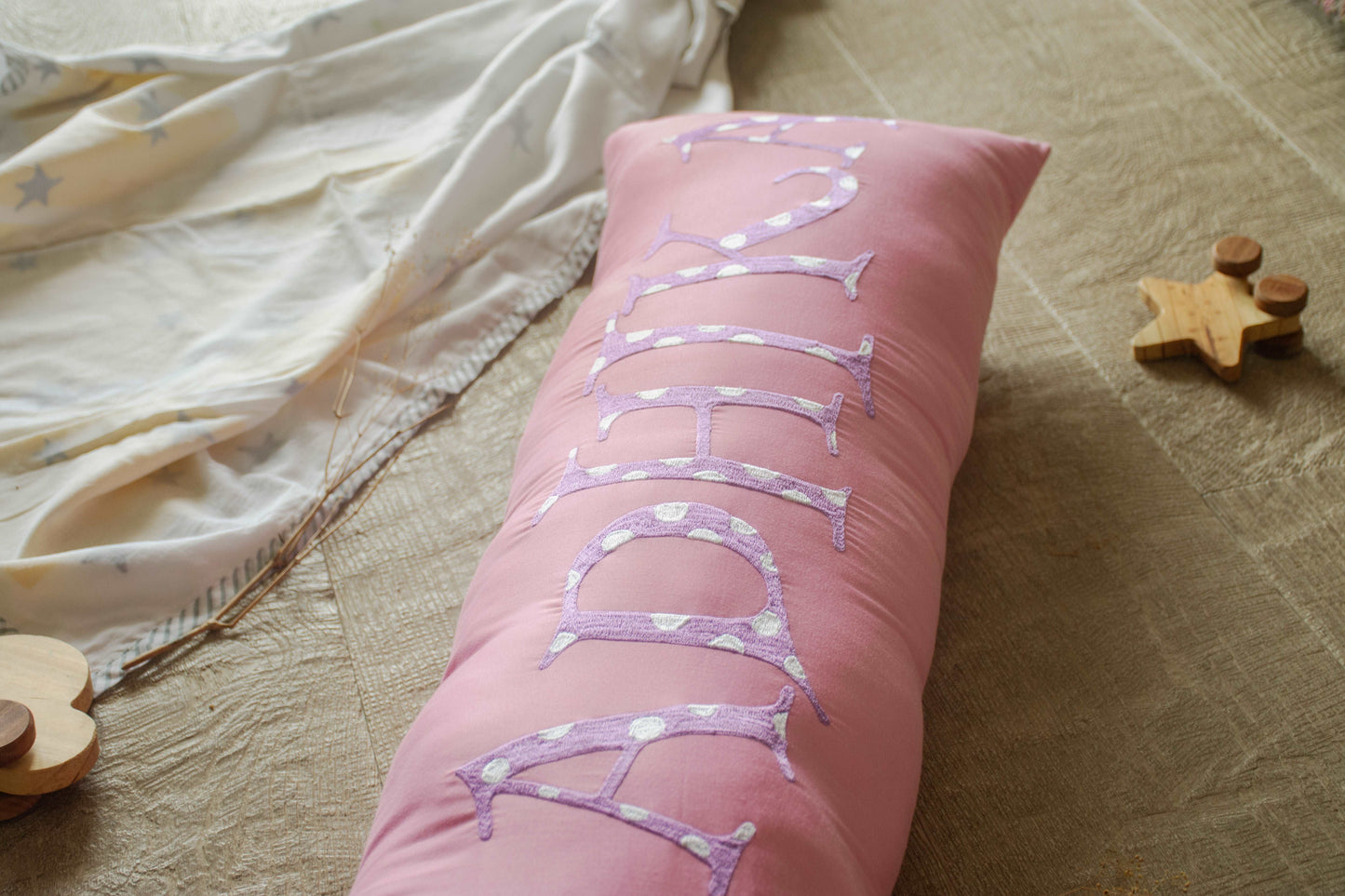 Bolster Name Pillow, Embroidered - Pink & Purple