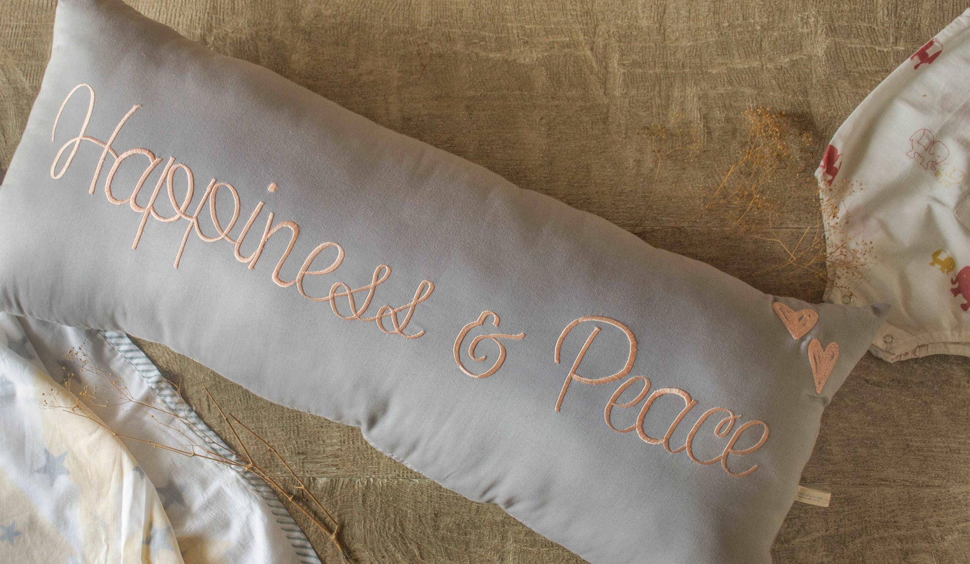 Bolster Name Pillow, Cursive Embroidered - Grey