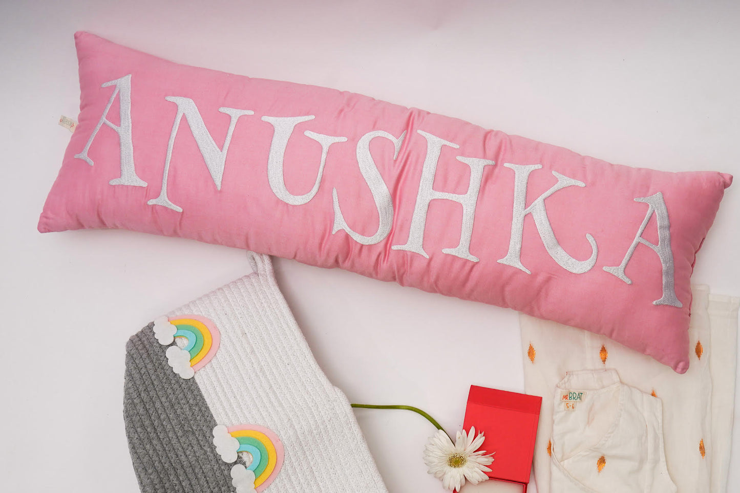 Bolster Name Pillow, Embroidered - Pink & White