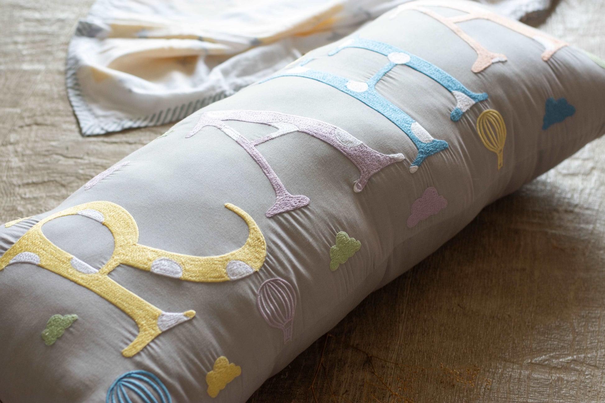 Bolster Name Pillow, Embroidered with Elements - Grey