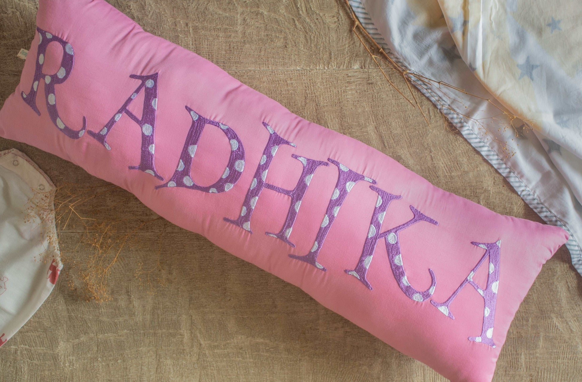 Bolster Name Pillow, Embroidered  - Pink & Purple