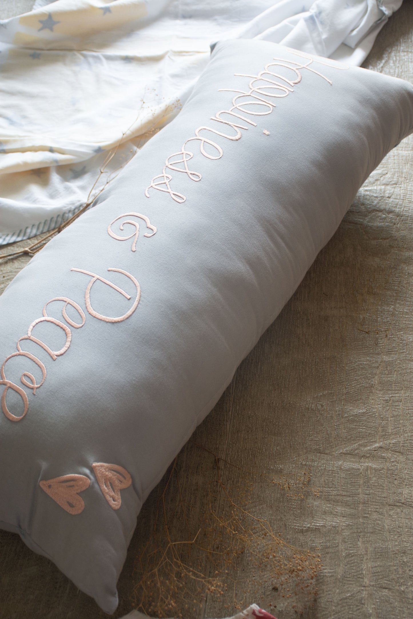 Bolster Name Pillow, Cursive Embroidered - Grey